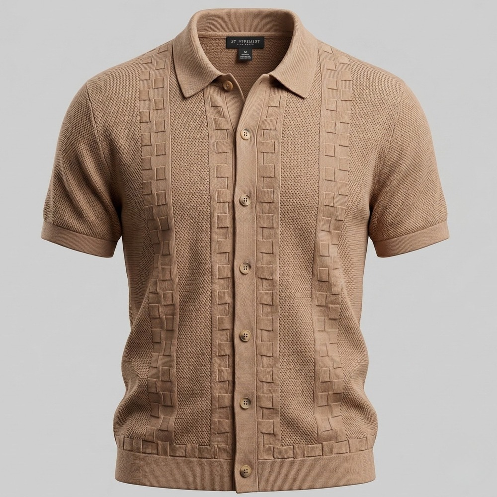 Art of Rhetoric Mens XL Tan Brown Knit Polo Shirt Textured Button Down